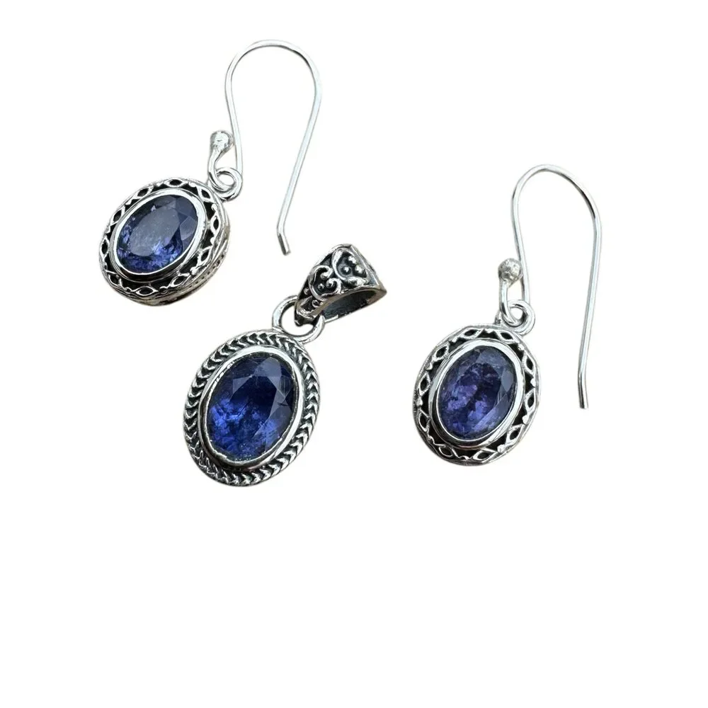 Tanzanite Solid 925 Sterling Silver Pendant Earrings Set